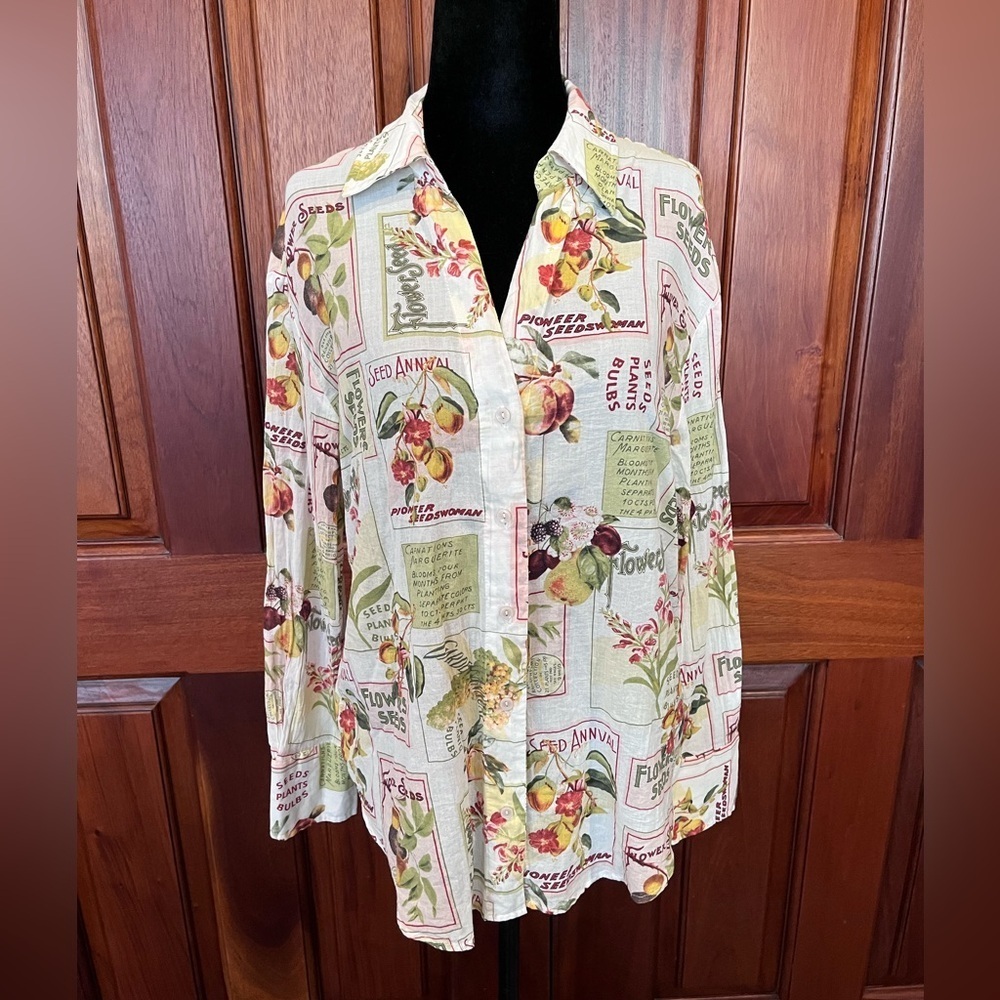Calypso St. Barth Top M Seeds Plant Gardening Button Front Shirt Blouse